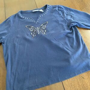 Alfred Dunner Butterfly Bling Bling Shirt Women Large Blue Split Neck Sequin